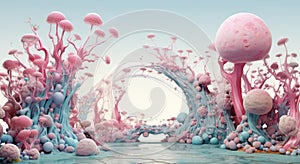 A vibrant alien ecosystem with pink and blue flora, featuring large spheres and intricate lifeforms photo