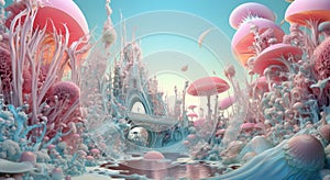 A vibrant alien ecosystem with pink and blue flora, featuring large spheres and intricate lifeforms photo