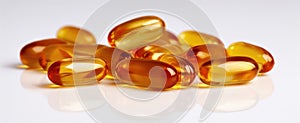 The vibrant amber capsules arranged elegantly on a reflective surface..AI generated image
