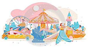 Vibrant Amusement Park Scene with Joyful Visitors and Colorful Rides photo