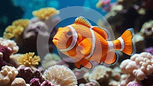 A vibrant anemonefish gracefully swimming among colorful corals in a saltwater aquarium display, sunshine sunny day