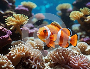 Vibrant anemonefish gracefully swimming among colorful corals in a saltwater aquarium display, sunshine sunny day