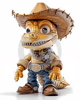 Vibrant Animal Crossing Anthropomorphic Alligator Cowboy Biker on White, a Toy with Cowboy Hat, 3D Character Cartoon with Aliasing