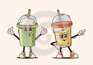 Vibrant, Animated Cartoon Cups Characters With Groovy Faces. Jazzy Juice And Cool, Laid-back Latte Or Smoothies photo