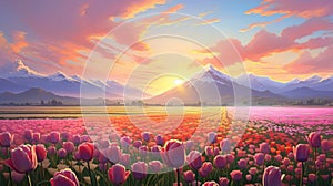 Vibrant Anime Art: Spring Tulips And Mountains At Sunset