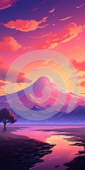 Vibrant Anime Illustration Of Mount Kilimanjaro Landscape With Pink Storm Clouds