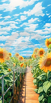 Vibrant Anime Sunflower Field: A Fusion Of Oda And Burdisio\'s Artistic Styles