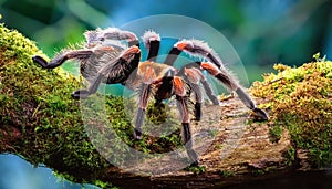 Vibrant Antilles Pinktoe Tarantula Scaling a Mossladen Tropical Tree Trunk, Contrasting against Lush Greenery and Colorful Foliage photo