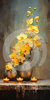 Vibrant Antique Metallic Vases With Yellow Orchids And Candles