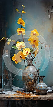 Vibrant Antique Metallic Vases With Yellow Orchids And Flowers