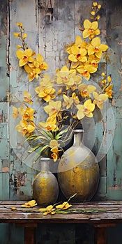 Vibrant Antique Metallic Vases With Yellow Orchids On Rustic Wooden Bench