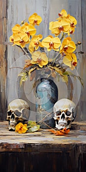 Vibrant Antique Metallic Vases With Yellow Orchids And Skulls