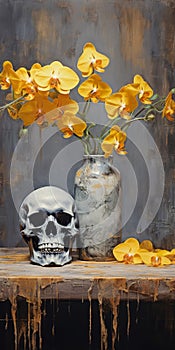 Vibrant Antique Metallic Vases With Yellow Orchids And Skulls