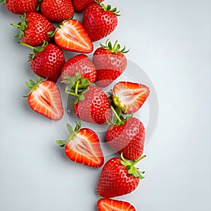 Fresh Strawberries Cascade On Light Blue Background