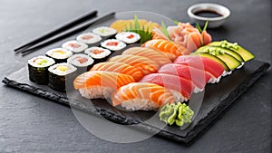 Assortment of Fresh Sushi and Rolls on Dark Slate Platter