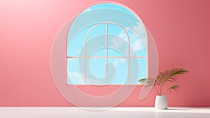 Vibrant Arched Window In Pink Room With Plant - 3d Illustration
