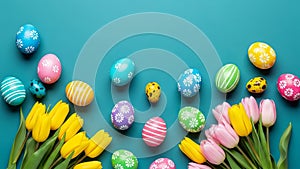 Colorful easter eggs and tulips