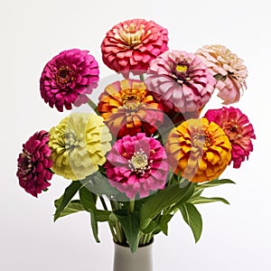Vibrant Zinnia Flowers In A White Vase - Bold And Colorful Floral Arrangement