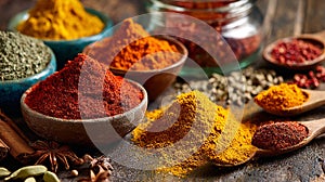 Vibrant array of aromatic spices displayed in rustic bowls and spoons.