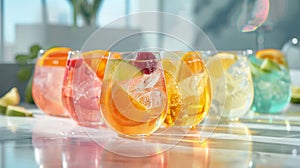 A vibrant array of colorful fruitinfused sparkling water mocktails served in elegant stemless glasses