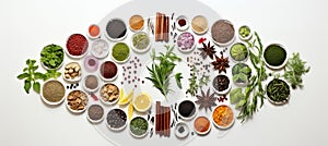 Vibrant array of colorful spices, aromatic herbs, and kitchen utensils on white backdrop