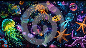 A vibrant array of deep sea creatures glide through the water their colorful bodies illuminated by the bioluminescent