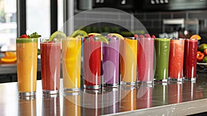 Vibrant Array of Fresh Fruit Smoothies in Modern Kitchen
