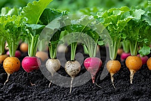 Vibrant Array of Freshly Harvested Rainbow Carrots Lined Up on Dark Soil