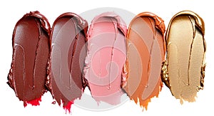 Vibrant array of lipstick smudges in different shades isolated on a clean white backdrop