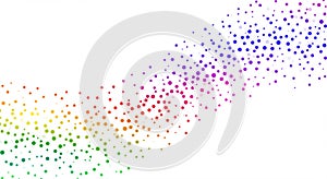 A vibrant array of multicolored dots forms a dynamic wave pattern across a white