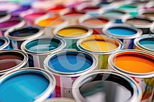 Vibrant array of open paint cans displaying a spectrum of colors for creative projects and home renovation