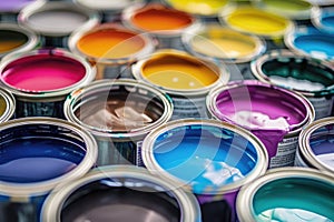 Vibrant array of open paint cans displaying a spectrum of colors for creative projects and home renovation