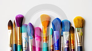 A vibrant array of paintbrushes with colorful bristles and paint splatters, neatly aligned against a white background