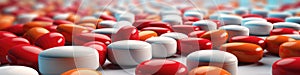 Vibrant Array of Red, Orange, and White Pills Scattered Across a Surface - High-Quality Image for Pharmaceutical and