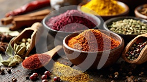 Vibrant Array of Spices Displayed in Bowls and Scoops on Wooden Surface
