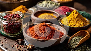 Vibrant Array of Spices Displayed in Rustic Bowls for Culinary Inspiration