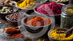 Vibrant Array of Spices Displayed in Rustic Bowls on Dark Surface