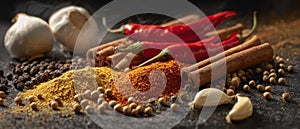 The vibrant array of spices and fresh ingredients on a dark background. AI generated image