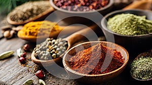 Vibrant Array of Spices in Wooden Bowls and Spoons on Wood