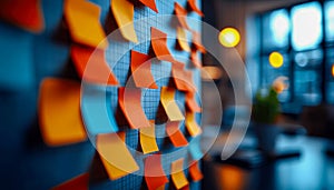 Colorful sticky notes on a grid wall in a modern office setting