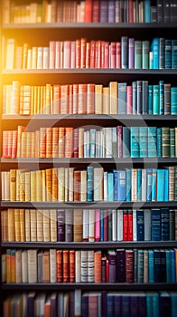 Vibrant array of textbooks neatly arranged on contemporary bookshelf