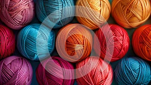 Vibrant array of yarn balls for crafting. colorful textiles, knitting, crochet essentials. artistic hobby supplies