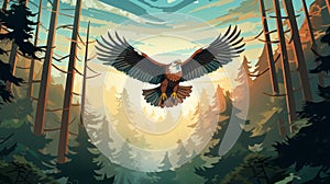 Vibrant Art Deco Illustration Of An Eagle Flying In The Forest