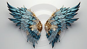 Vibrant Art OF Gold And Blue Feathered Wings On White Background