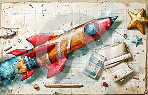 Vibrant art illustration of a rocket stylized as a pencil on a creatively designed background