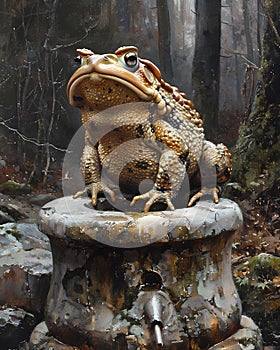 Vibrant Art Painting of an Ugly Toad with Silver Key and Well