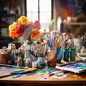 Vibrant Art Studio: Brushes, Paints, and Supplies on Wooden Table