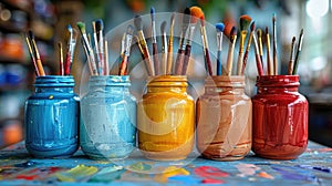 Vibrant Art Workshop Scene with Colorful Paintbrush Jars on a Messy Table, Capturing the Creative Process