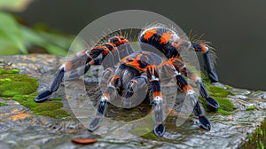 A colorful tarantula, an arthropod, is perched on a rock in macro photography photo