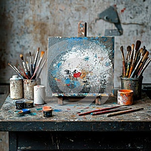 A vibrant artists workspace with paint brushes and a canvas capturing the essence of creativity and artistic expression